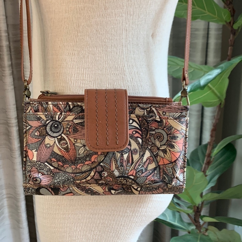 Sakroots small brown floral crossbody purse.7.5x5